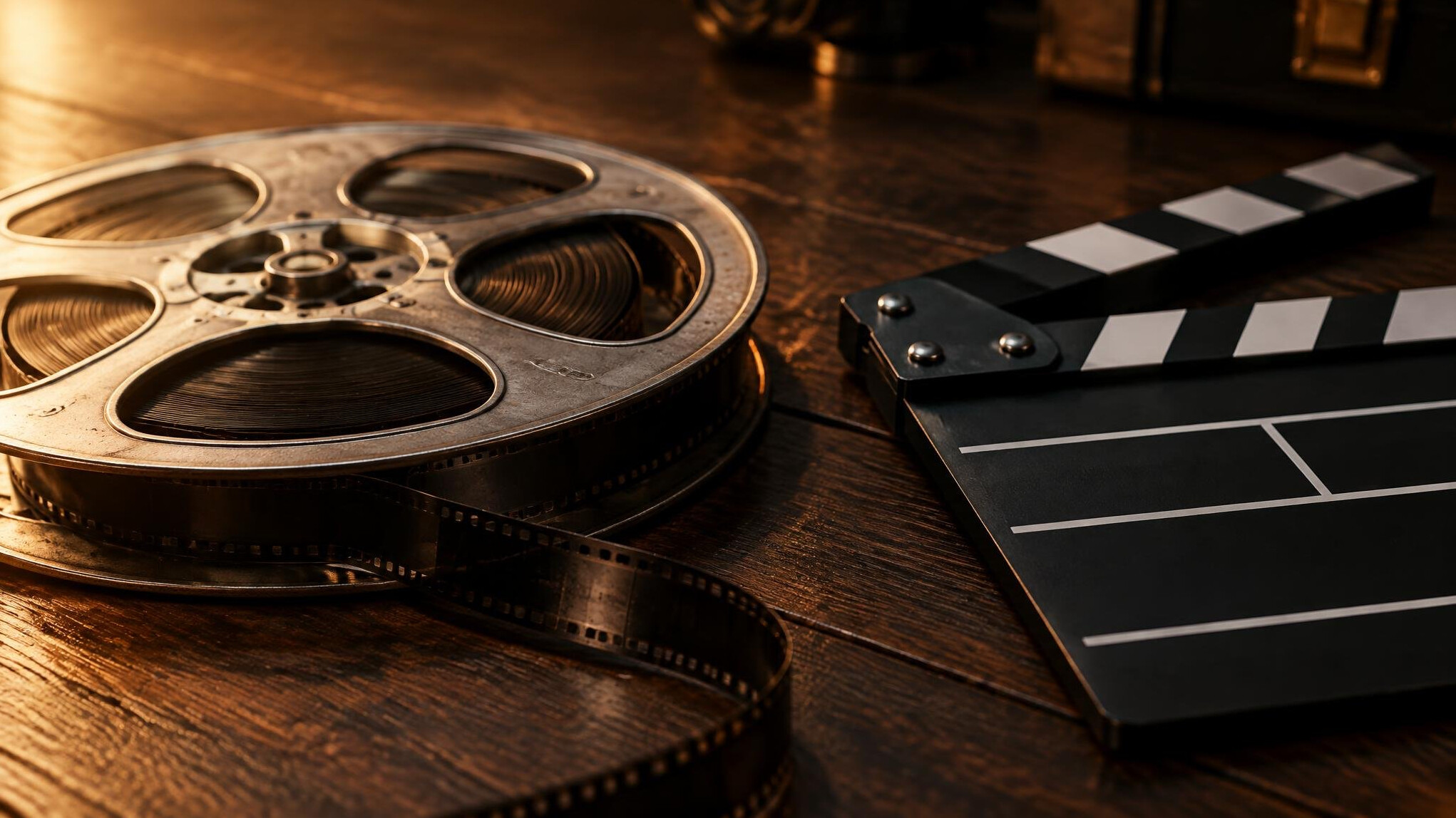 Film reel and clapperboard on a dark surface