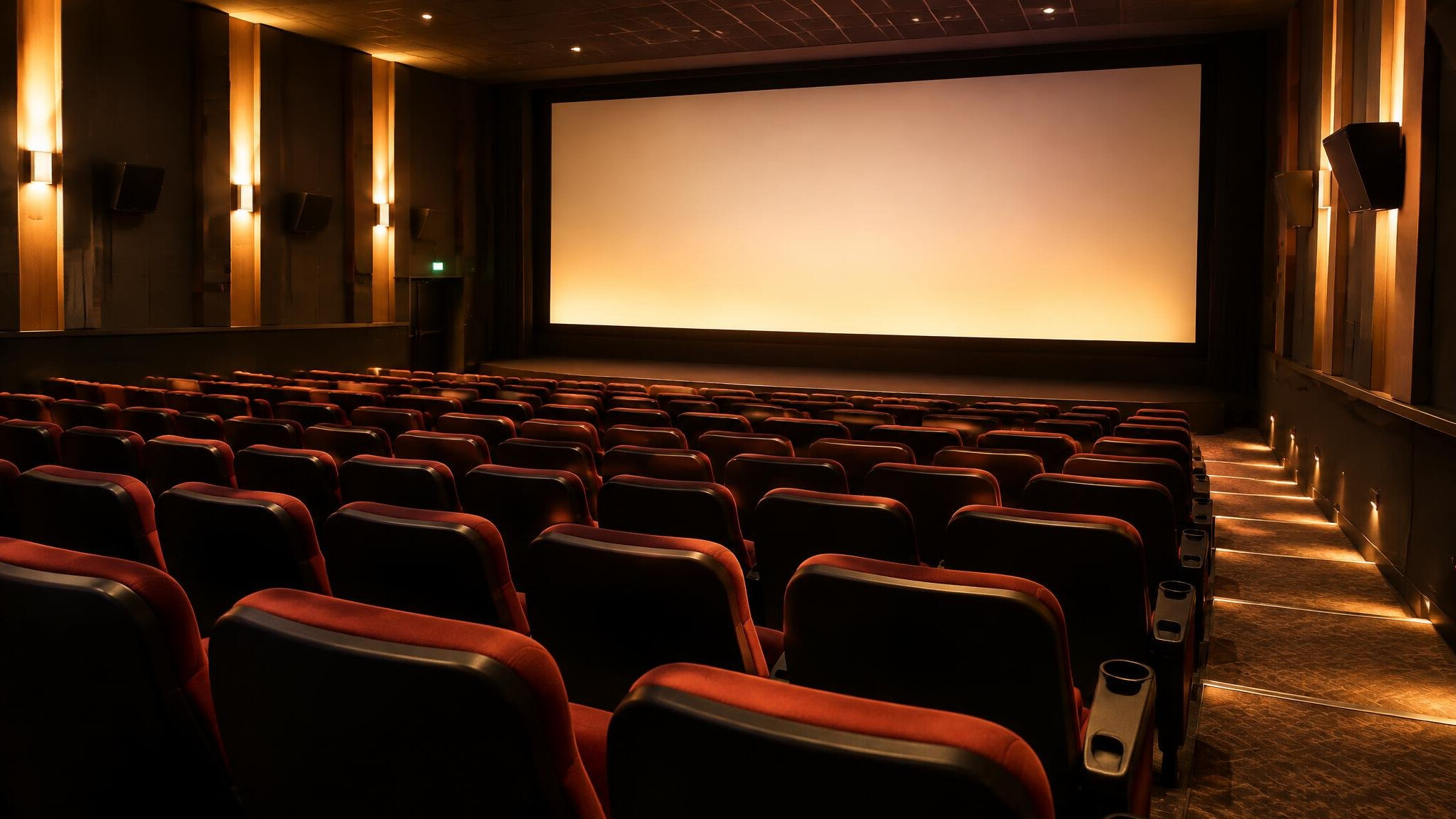 Empty cinema auditorium with rows of seats facing a screen
